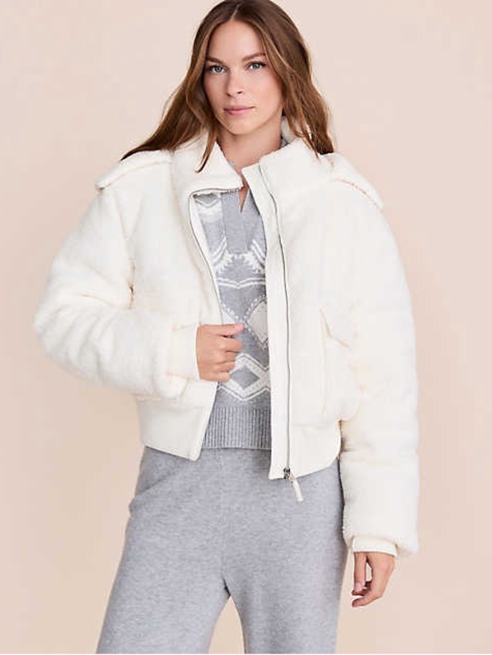 Lou & Grey Hooded Sherpa Puffer Jacket Large NWT